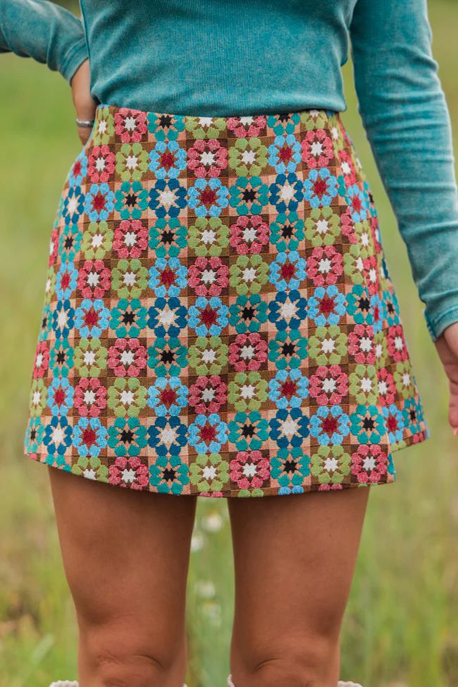 Sweet Escapes Teal Multi Jacquard Floral Skort | Pink Lily