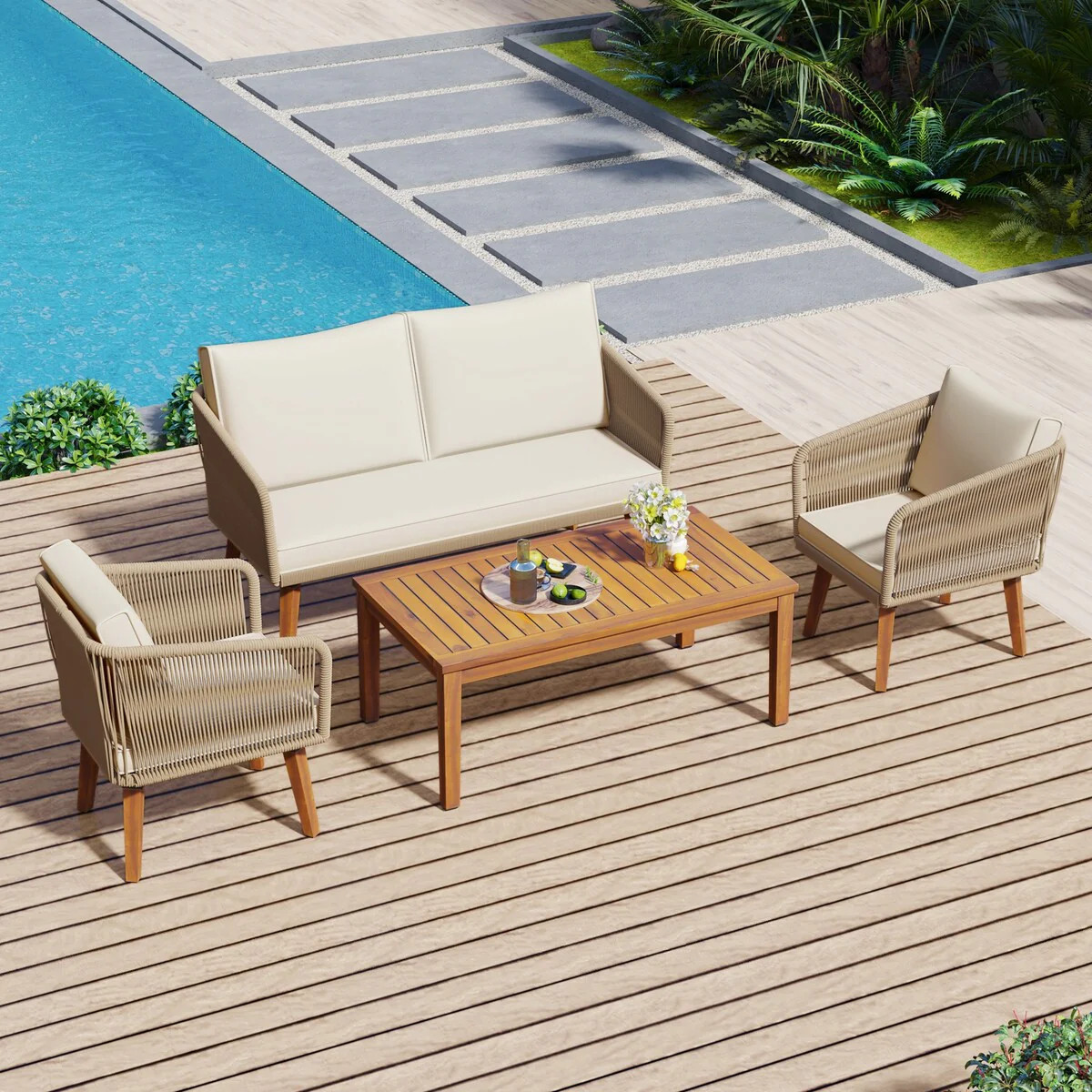 4-Piece Patio Conversation Set, Solid Wood Loveseat, 2 Chairs and Tabl | Overstock