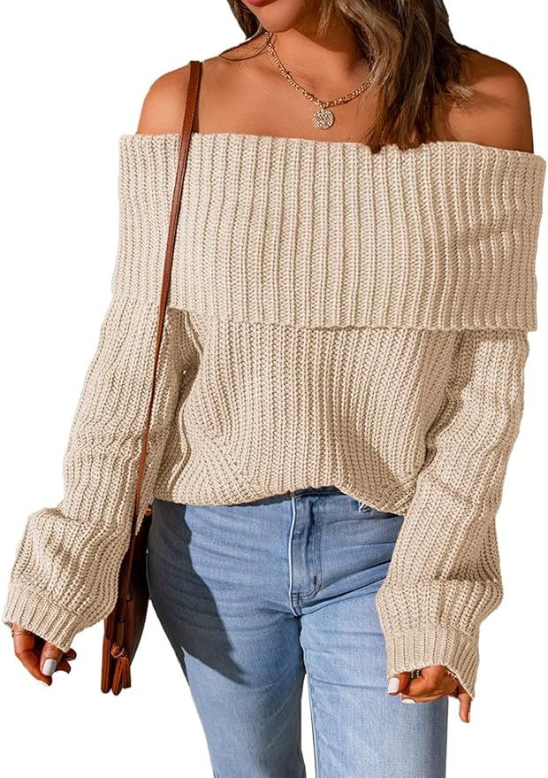 Potany Women's Sexy Off Shoulder Long Sleeve Winter Sweaters Casual Pullover Solid Loose Knit Jum... | Amazon (US)