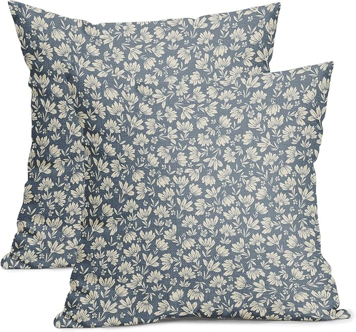 Blue Gray Daisy Floral Block Print Pillow Covers 18X18 Inch Grey Beige Flowers Decorative Square ... | Amazon (US)