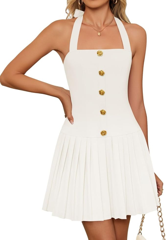 ZESICA Womens Summer Sleeveless Mini Dress 2025 Halter Neck Backless A Line Swing Pleated Short P... | Amazon (US)