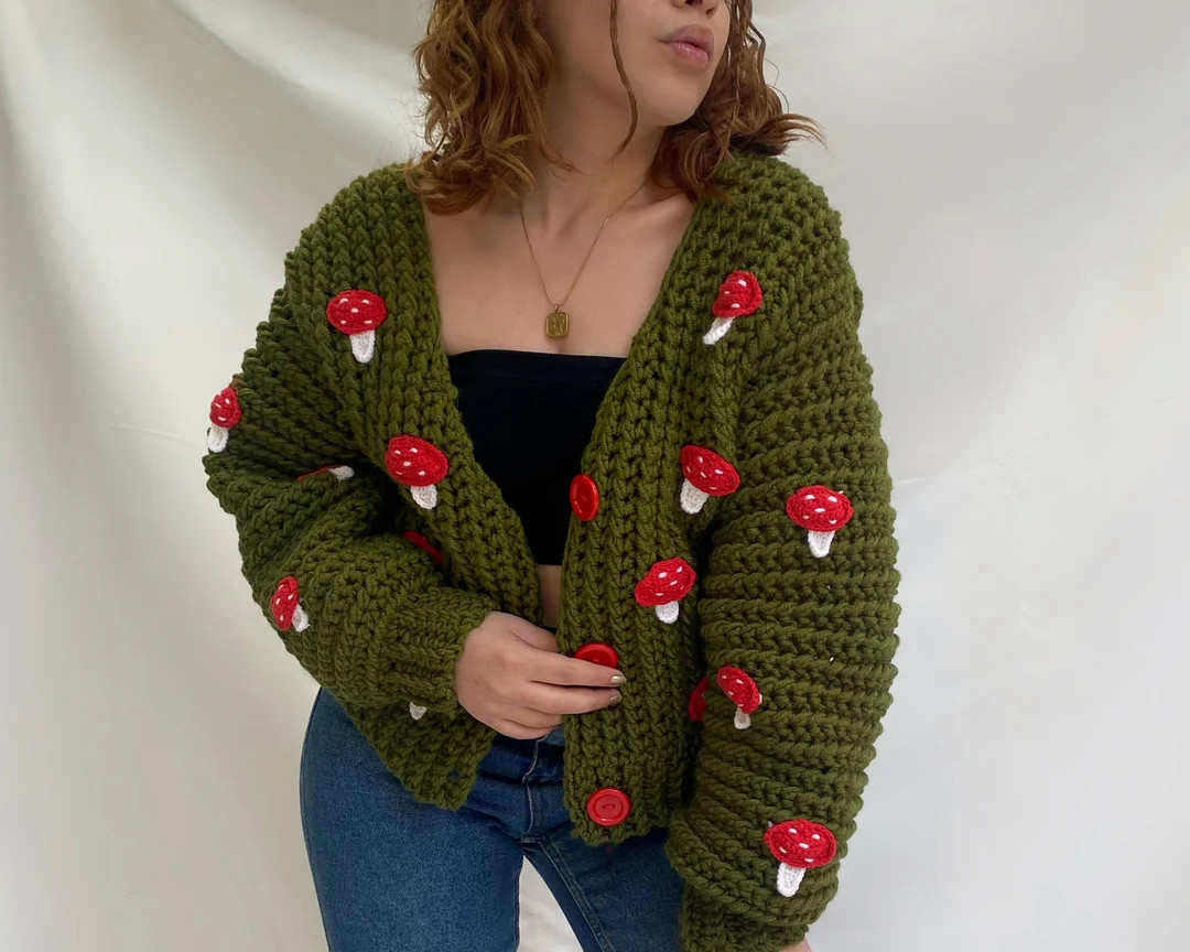 Mushroom Knit Cardigan, Chunky Mushroom Cardigan, Hand Knitted Mushroom Cardigan, Blue Cloud Over... | Etsy (US)
