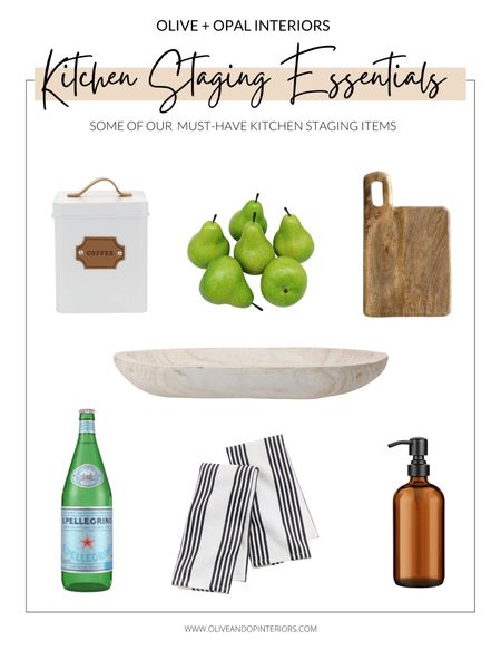 Here are some of our must-have items to stage a kitchen! 
.
.
.
Coffee Canisters 
Faux Pears
Faux Fruit
Cutting Boards
Dough Bowl
Pellegrino
Black & White Hand Towels
Amber Soap Dispenser 
Kitchen Design 


#LTKstyletip #LTKunder100 #LTKhome