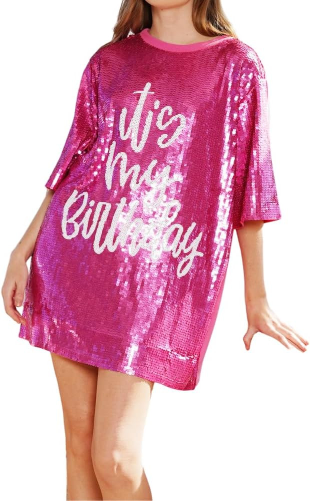 Jaytep Women's Sequin T Shirt Dress It's My Birthday One Size Fits All (Sequin One Side) | Amazon (US)