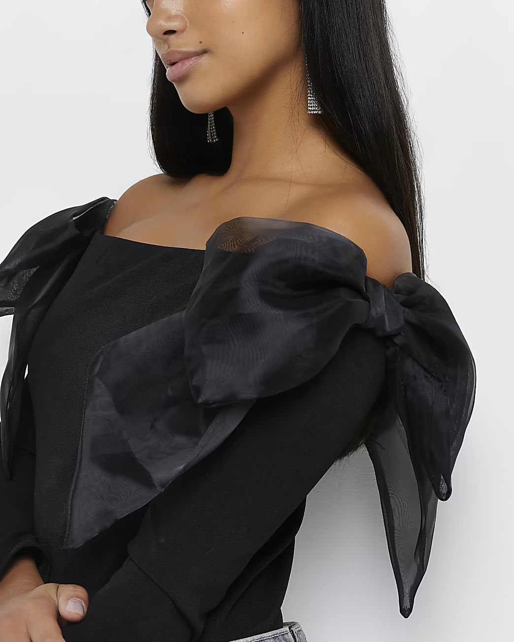 Petite black organza bow detail bardot top | River Island (UK & IE)