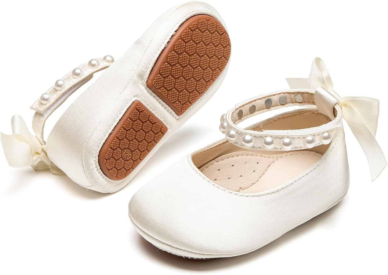 Baby Girls Mary Jane Flats - Infant Newborn Walking Shoes Soft Rubber Sole Princess Wedding | Amazon (US)