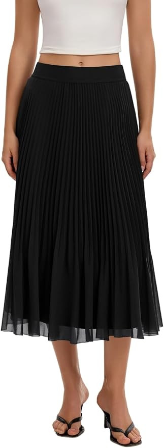QINSEN Women's Elegant Flowy Pleated Chiffon Skirts Summer A-line Swing Midi Skirts Casual Elasti... | Amazon (US)