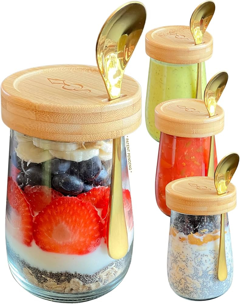 Premium Overnight Oats Containers with Bamboo Lids and Golden Spoons - 16 oz Glass Jars - 4 pack ... | Amazon (US)