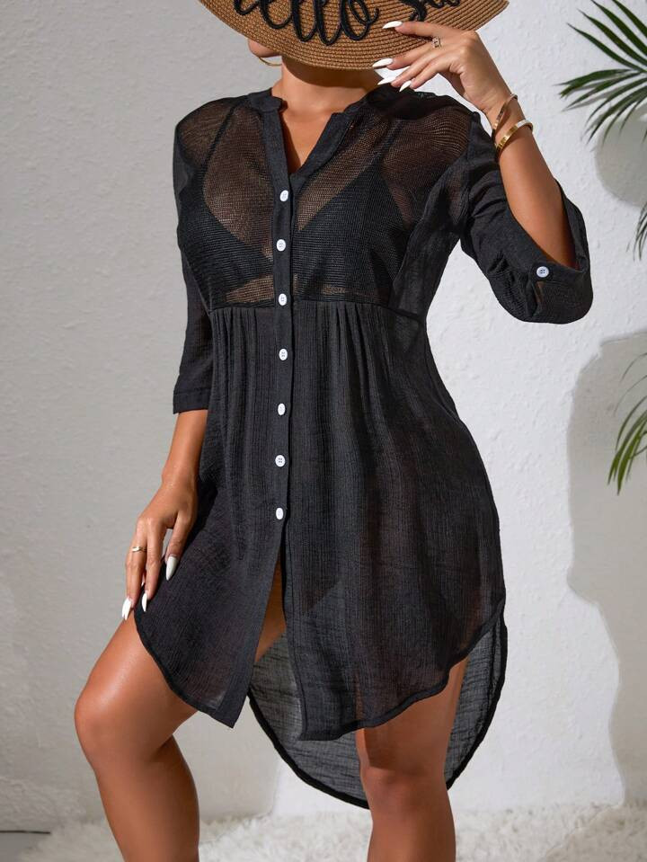 SHEIN Swim Lushore Women's Summer Beach Sheer Mesh Splice Front Button Kimono Cover Up | SHEIN