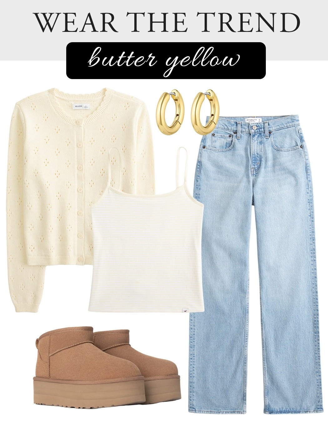 How to wear Butter Yellow this year (2026) - spring ready outfit - winter outfits women - Butter yellow cardigan (Hollister Eyelet Crew Cardigan) with yellow and white striped tank camisole and Abercrombie 90s jeans, Gorjana gold hoop earrings, Ugg platform booties #hollister #butteryellow #yellowsweater #yellowcardigan #colortrends #howtostyle #howtowear #copythelook #over40style #over50style

#LTKmomlife #LTKOver40 #LTKSaleAlert
