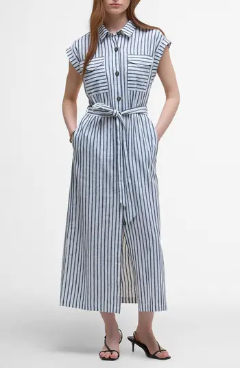 Barbour Abby Stripe Belted Cotton & Linen Shirtdress in Navy White Stripe at Nordstrom Rack, Size 10 | Nordstrom Rack