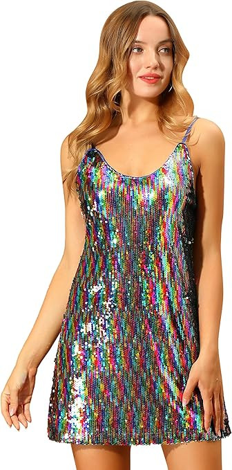 Allegra K Women's Glitter Sequin Dress Spaghetti Strap V Neck Party Cocktail Sparkly Mini Dress C... | Amazon (US)