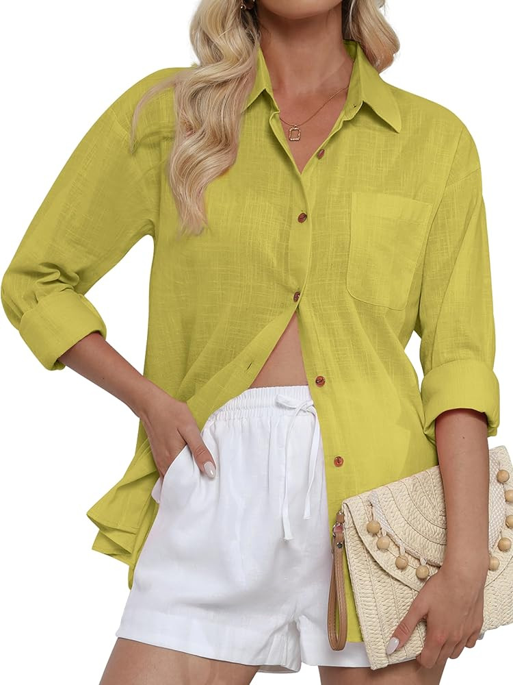 CUNLIN Women's Button Down Shirts Gauze Cotton Beach Wear Long Sleeve Shirt for Women with Front ... | Amazon (US)