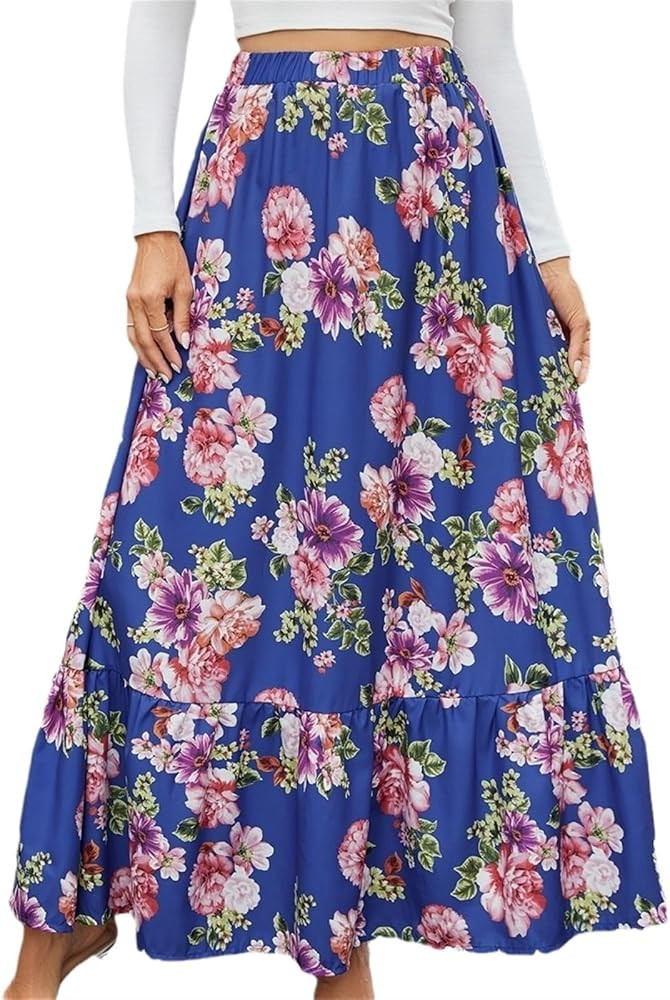 Women Floral Print Midi Skirts Chiffon Summer Beach Pleated Elastic High Waisted A Line Skirts | Amazon (US)