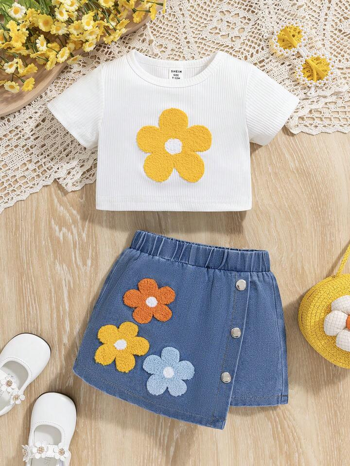 SHEIN Ranchside Kids 2pcs/Set Baby Girl Summer Short Sleeve Round Neck Floral Embroidered Top & D... | SHEIN