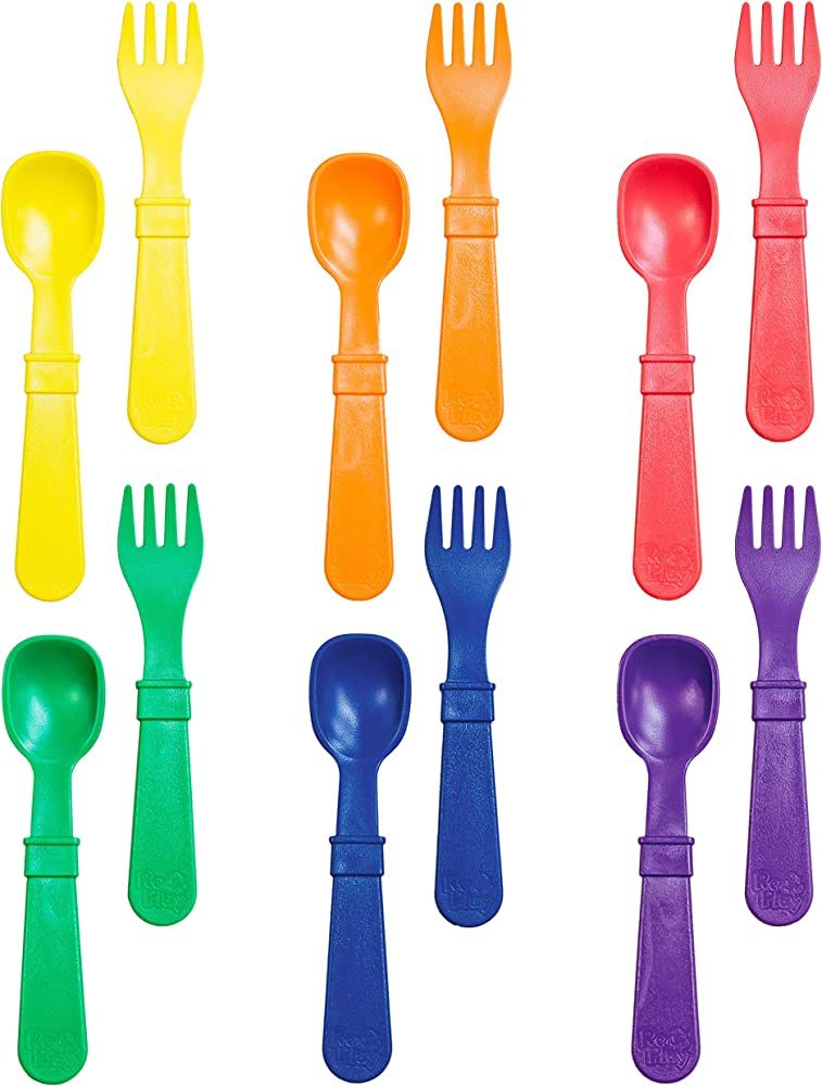 RE-PLAY Made in USA 12pk Fork and Spoon Utensil Set for Baby & Toddler Feeding in Yellow, Red, Na... | Amazon (US)