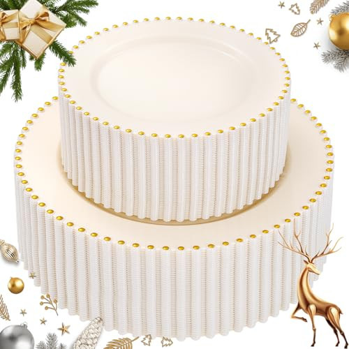 supernal 100pcs Ivory Plastic Plates with Gold Beads - Heavy Duty Elegant Disposable Plates Set Include 50 Cream Plastic Dinner Plate and 50 Dessert Plate Perfect for Wedding, Birthday & Party | Amazon (US)