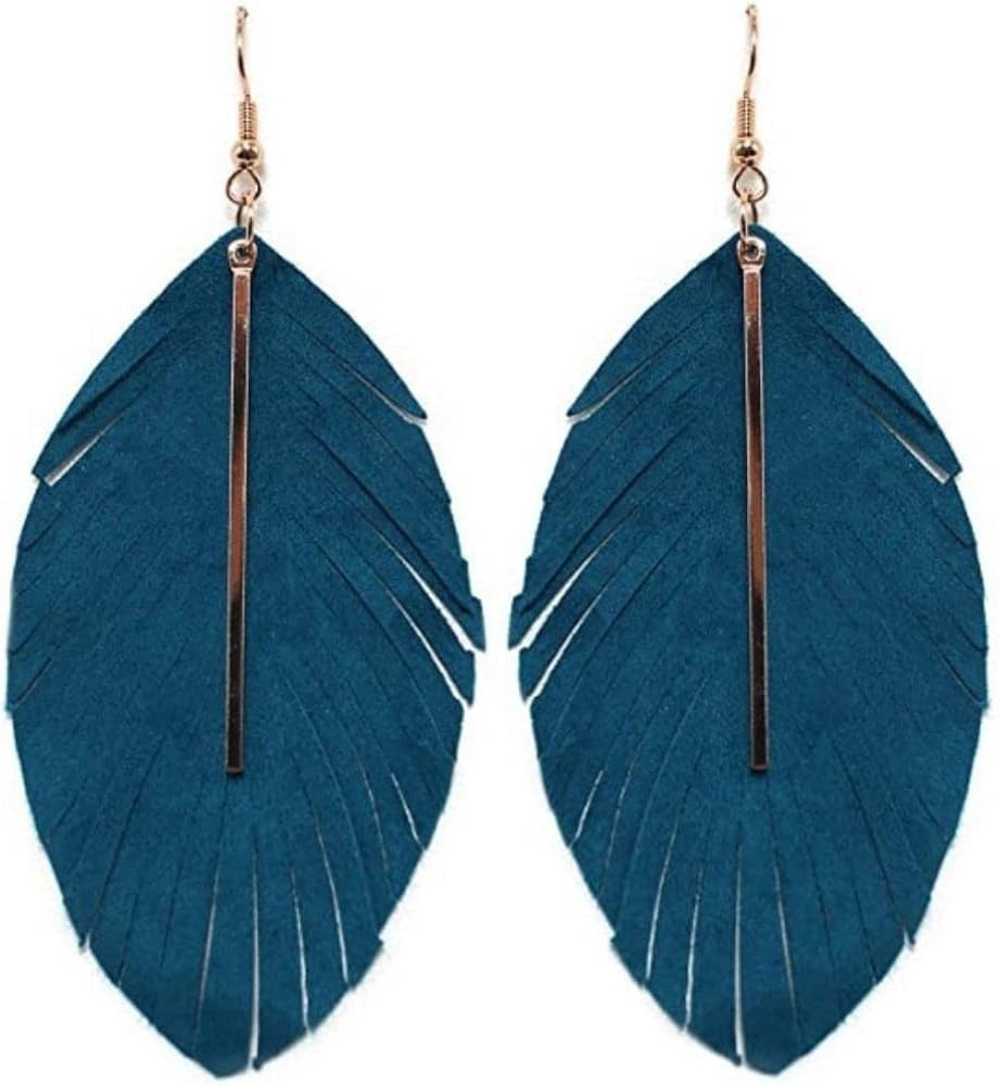 Lightweight Genuine Soft Leather Fringe Leaf Dangle Drop Earring Leather With Metal Bar Dangle Ea... | Amazon (US)