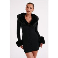 Aurora Fur Trim Knit Mini Dress - Black | MESHKI US