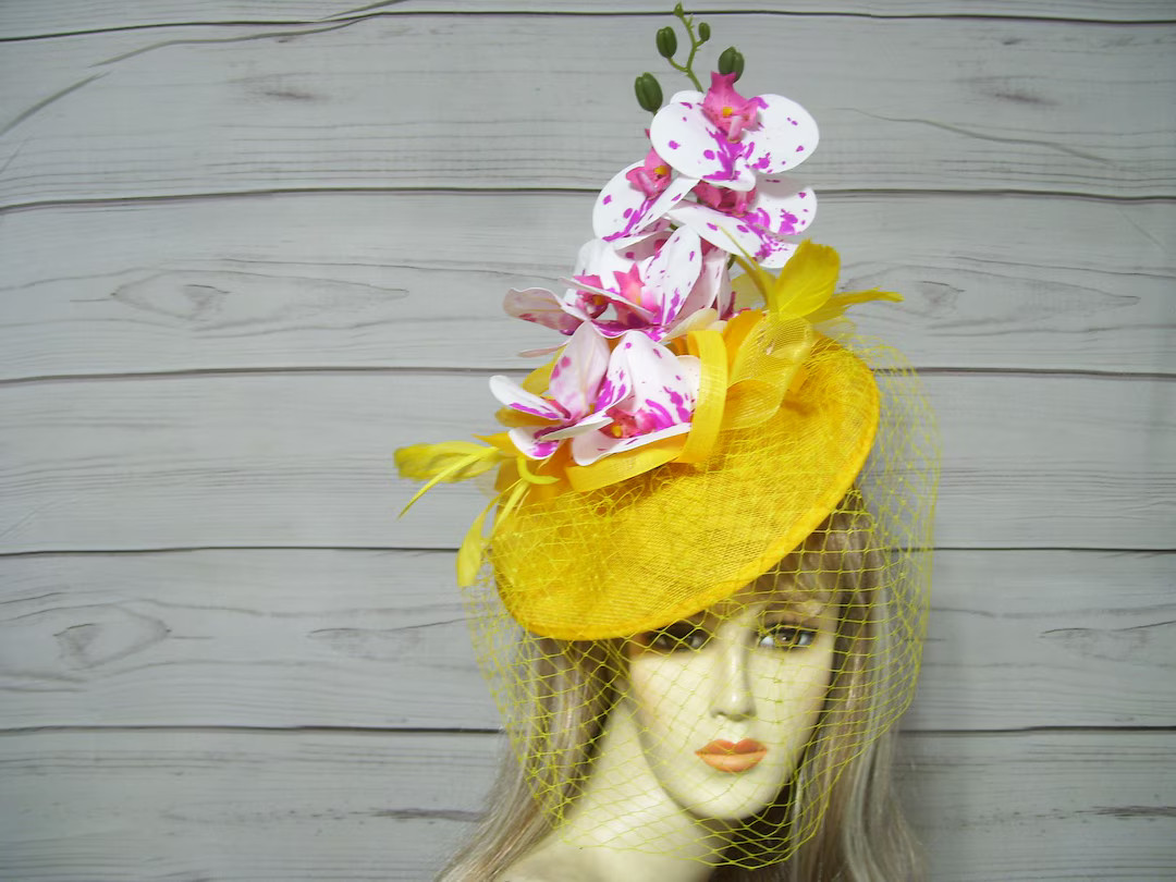Ladies Yellow Fascinator Hat With Pink and White Orchids, Kentucky Derby Hat, Easter Hat, Wedding... | Etsy (US)