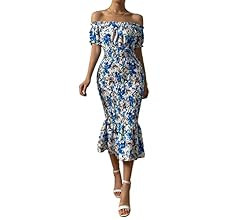 SweatyRocks Women's Floral Off Shoulder Midi Bodycon Dresses Short Sleeve Ruffle Hem Square Neck ... | Amazon (US)