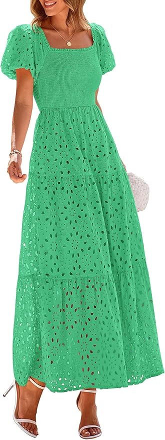 PRETTYGARDEN Summer Dresses for Women 2026 Eyelet Square Neck Puff Sleeve Smocked Wedding Guest M... | Amazon (US)