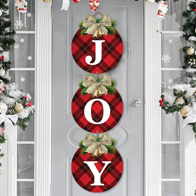 Buffalo Plaid Christmas Wreaths for Front Door - 3pcs Rustic Christmas Decor Joy Signs Wreaths fo... | Amazon (US)