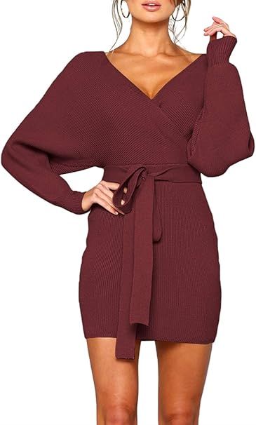 Zonsaoja Women's Sweater Dress Sexy V Neck Long Sleeve Backless Wrap Knitted Mini Dresses | Amazon (CA)