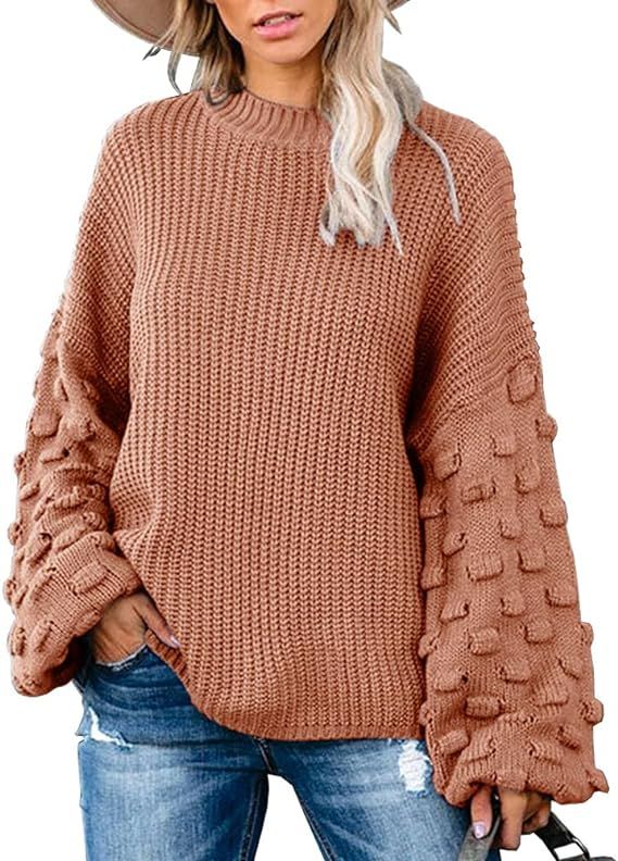 Tutorutor Womens Crew Neck Pom Pom Sleeve Pullover Sweaters Oversized Batwing Sleeve Chunky Knit ... | Amazon (US)