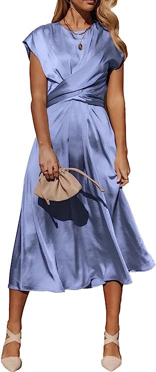 PRETTYGARDEN Women's 2023 Summer Satin Midi Dress Cap Sleeve Tie Waist Elegant A-Line Flowy Dress... | Amazon (US)