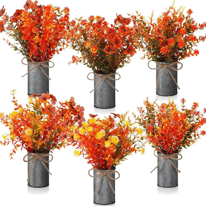 Zeyune 6 Sets Artificial Fall Centerpiece for Tables Faux Fall Plants with Galvanized Pots Farmho... | Amazon (US)