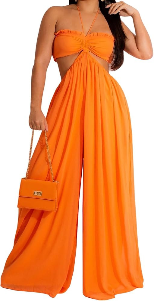 WOKANSE Women's Sexy Off Shoulder Drawstring Waist Baggy Wide Leg Pants Jumpsuit Long Romper with... | Amazon (US)