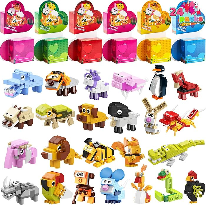 JOYIN 24 Packs Valentines Animal Building Blocks with Hearts Party Favors for Kids Valentine Clas... | Amazon (US)