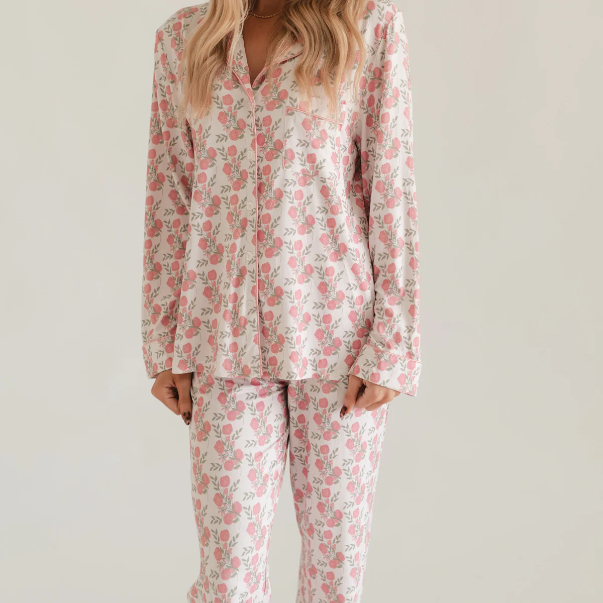 Women's Button Up Set In Pink Floral | Silks Design
