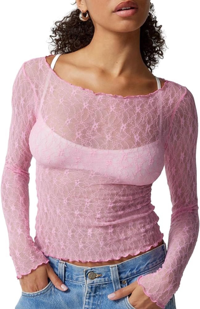 PAODIKUAI Women's Mesh Top Crew Neck Lace Tops See Through Shirt Sheer Top Sexy Blouses lace Laye... | Amazon (US)