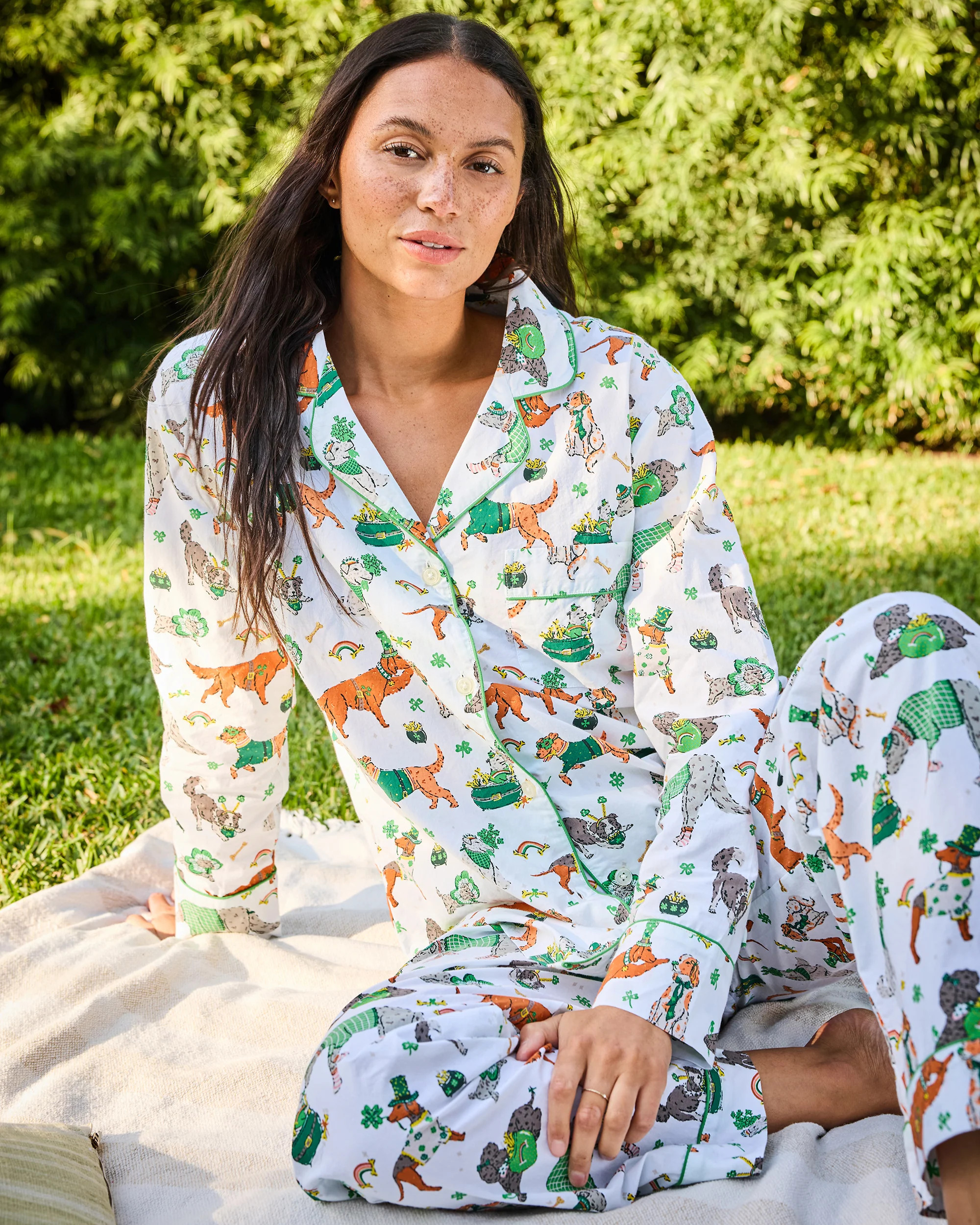 St. Patrick's Day Organic Cotton Long Pajama Set - White Lucky Paws - Women's M Sleepwear | Printfresh