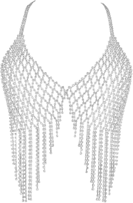 Cuier Tassel Rhinestone Chest Chain Bra Body Jewelry for Women Silver Bikini Bra Body Chains | Amazon (US)