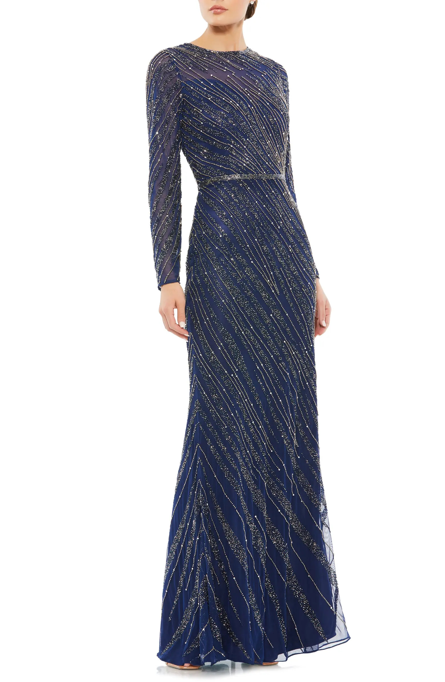 Beaded Long Sleeve Tulle Column Gown | Nordstrom