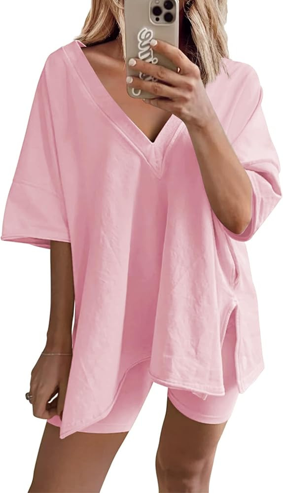 Lianlive 2 Piece Outfits Women's Oversized T-Shirts Biker Short Sets Hot Shot Reversible Set | Amazon (US)