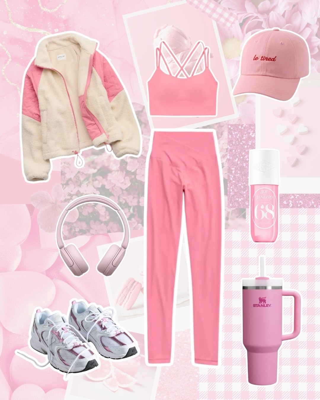 valentine’s day aesthetic. pink work out set. pink and cream sherpa jacket. new balance sneakers. pink stanley cup. 

#LTKfitnessgoals #LTKSeasonal
