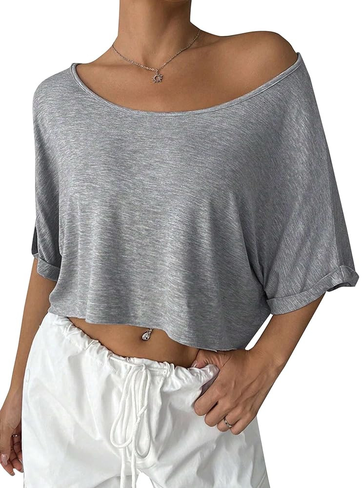 Remidoo Womens Off The Shoulder Short Sleeve Crop Top Asymmetrical Neck Loose Tshirt | Amazon (US)