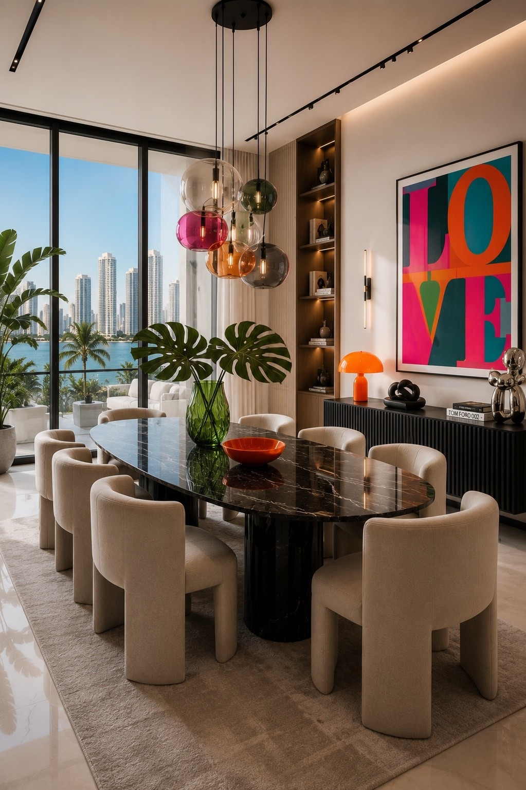 Bold, artistic, and unforgettable. This modern dining room pairs a glossy black dining table with sculptural cream chairs, colorful glass pendant lighting, oversized abstract artwork, tropical greenery, and floor-to-ceiling windows. A perfect blend of Miami Art Basel energy and luxury contemporary design.

Transform your dining space with statement lighting, designer furniture, and vibrant accents that bring gallery-inspired style into everyday living.

#diningroomdesign #miamidesign #artbasel #luxuryinteriors #moderndiningroom #contemporarydesign #colorfuldecor #statementlighting #designerhome #homedecor #interiordesign #luxuryhome #ltkhome #amazonhome #diningroomdecor #modernhome #interiorinspiration #homestyle #highendinteriors #modernluxury