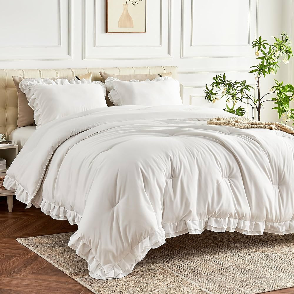 Pure White Double Ruffle Comforter Set Twin Size, 2 Pieces Rustic Vintage Farmhouse Shabby Chic B... | Amazon (US)