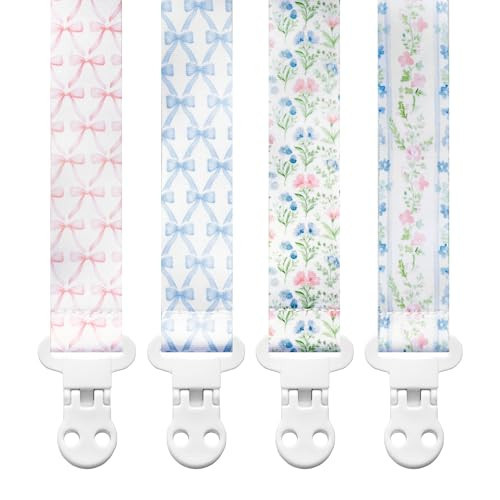 Baby Pacifier Clip Holder - Girl 4 Pack Gift Set – Vintage Floral Bows Ribbons Flowers French Blue Pink | Amazon (US)