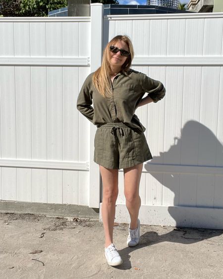 Olive green linen matching shorts set with white sneakers. Casual spring or summer weekend outfit.

#LTKxTarget #LTKSeasonal #LTKstyletip