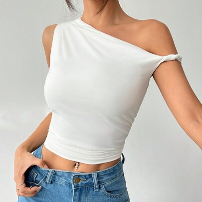 Women Asymmetric Collar Form-Fitting Cropped Casual Black/White/Brown Top | SHEIN