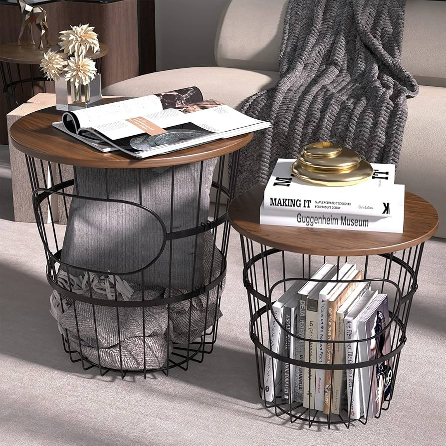 HOOOKIMM Round End Tables with Storage Set of 2, Nesting Tables with Removeable Top and Steel Fra... | Amazon (US)