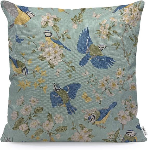 Wozukia Tits and Blooming Trees Throw Pillow Cover Blue Birds and White Flowers Chinoiserie Vinta... | Amazon (US)