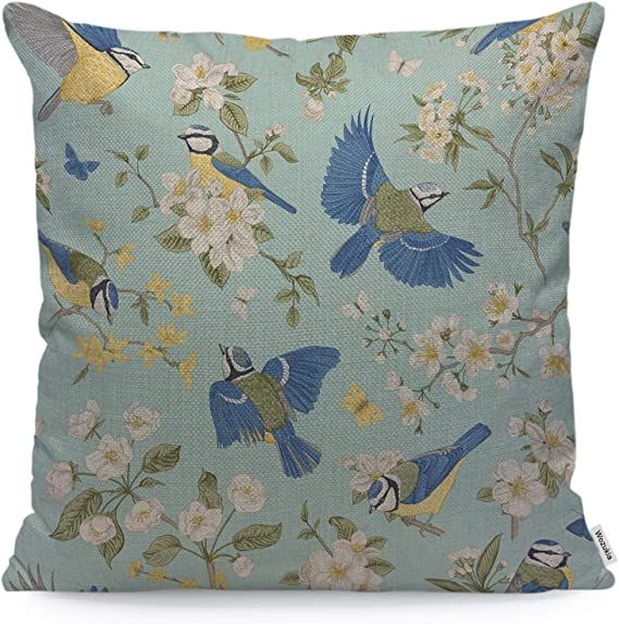 Wozukia Tits and Blooming Trees Throw Pillow Cover Blue Birds and White Flowers Chinoiserie Vinta... | Amazon (US)