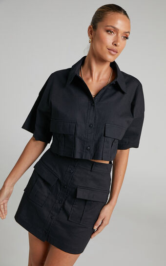 Navine Two Piece Set - Button Front Crop Top and Cargo Pocket Mini Skirt Set in Black | Showpo (ANZ)